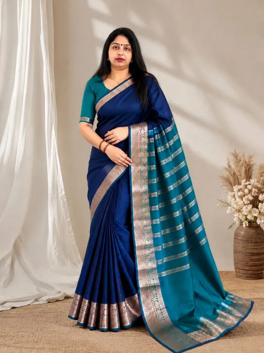 Women's Mixed Tissue Cotton Saree| Blue