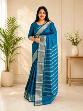 Women’s Mixed Tissue Cotton Saree|Teal Blue - Image 4