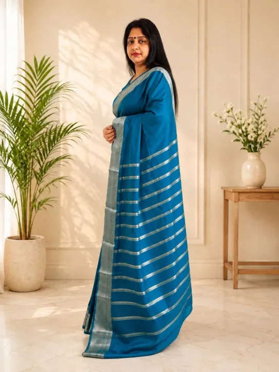 Women’s Mixed Tissue Cotton Saree|Teal Blue - Image 2