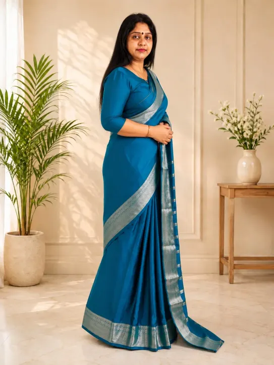Women’s Mixed Tissue Cotton Saree|Teal Blue - Image 3