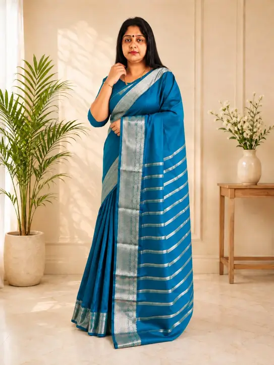 Women’s Mixed Tissue Cotton Saree|Teal Blue