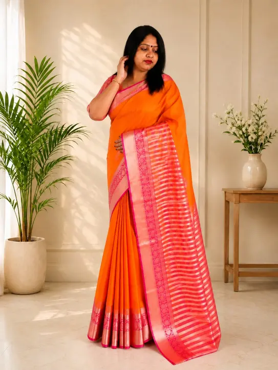 Women's Mixed Tissue Cotton Saree|Orange & Pink