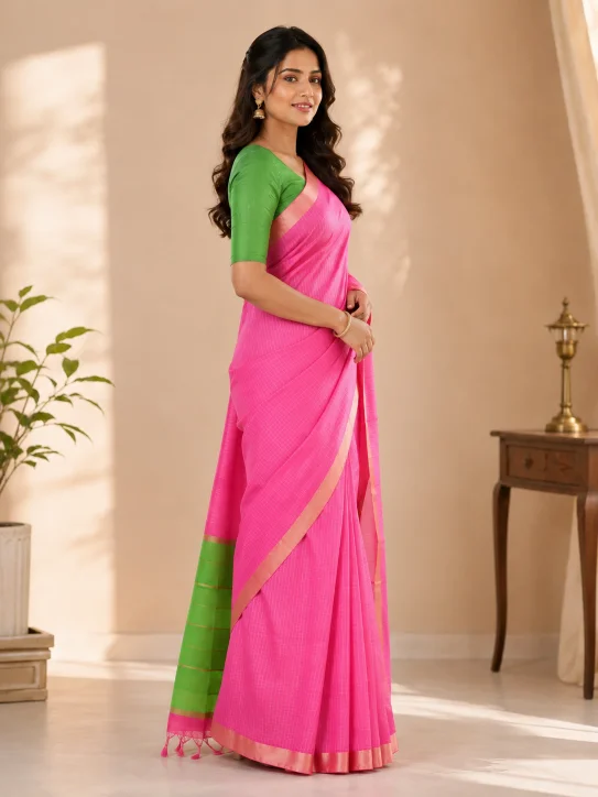 Women's Pink & Green Soft Silk Saree - Image 2