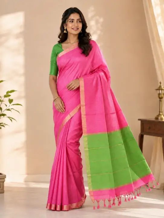 Women's Pink & Green Soft Silk Saree
