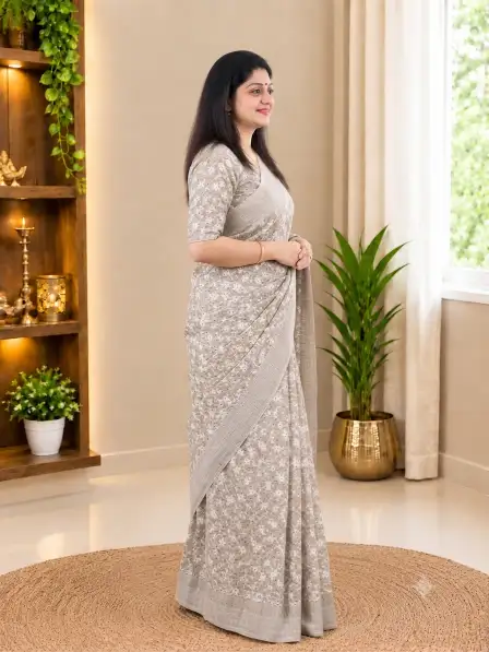 Semi Georgette Silk Saree|Grey Beige - Image 4