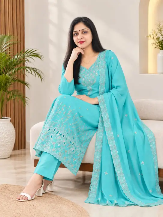 Kurti Set with Pant and Dupatta/Turquoise Blue - Image 4