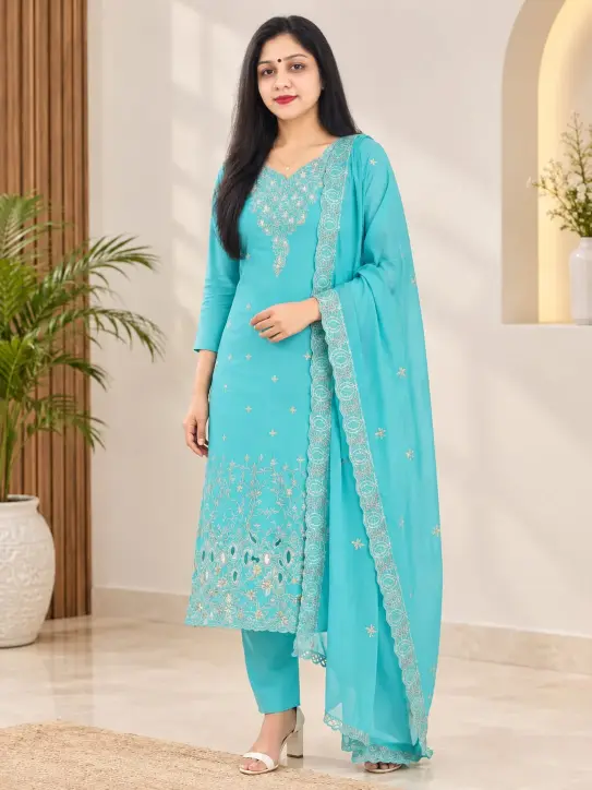 Kurti Set with Pant and Dupatta/Turquoise Blue - Image 3