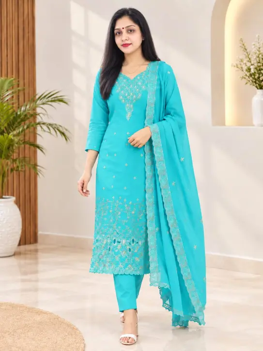 Kurti Set with Pant and Dupatta/Turquoise Blue