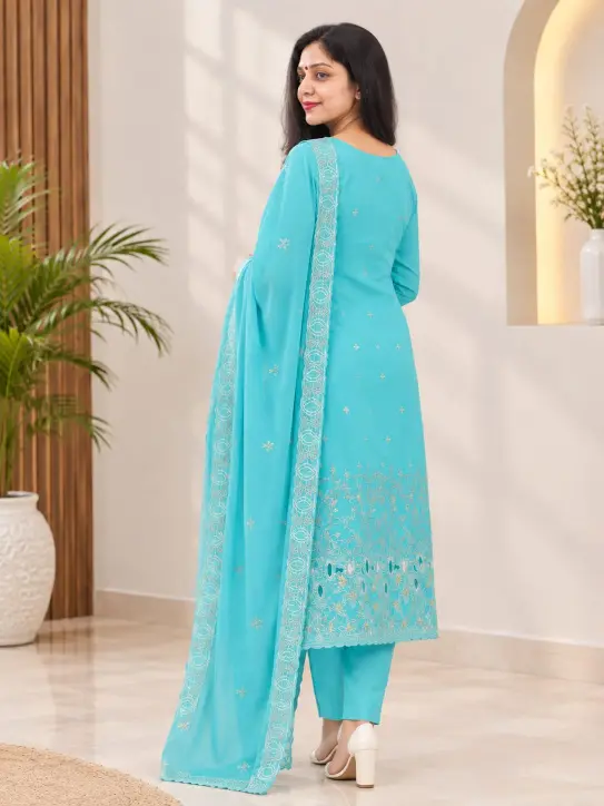 Kurti Set with Pant and Dupatta/Turquoise Blue - Image 6
