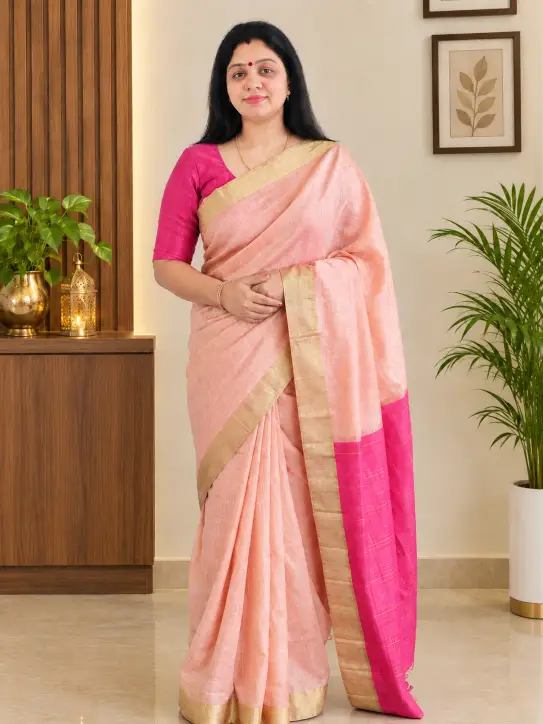Soft Silk Saree|Peach Pink/Magenta Pallu