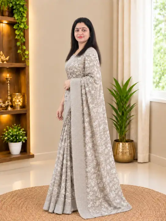Semi Georgette Silk Saree|Grey Beige - Image 3