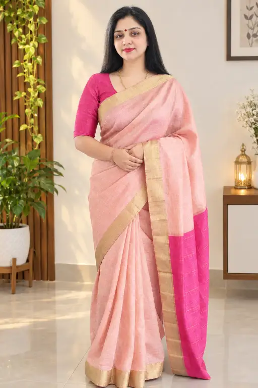 Soft Silk Saree|Peach Pink/Magenta Pallu - Image 5
