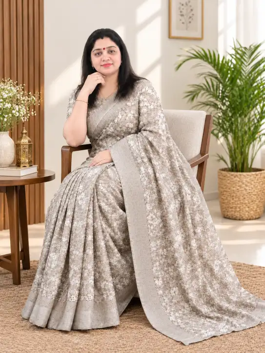 Semi Georgette Silk Saree|Grey Beige - Image 6