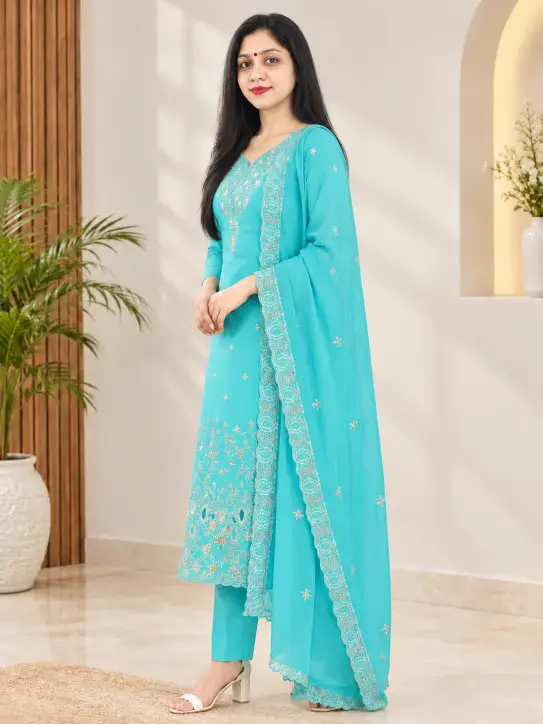 Kurti Set with Pant and Dupatta/Turquoise Blue - Image 5