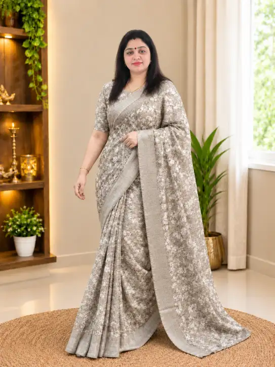 Semi Georgette Silk Saree|Grey Beige - Image 2
