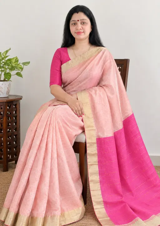 Soft Silk Saree|Peach Pink/Magenta Pallu - Image 3