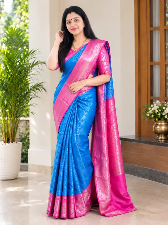 Brocade Saree | Royal Blue & Magenta Pink