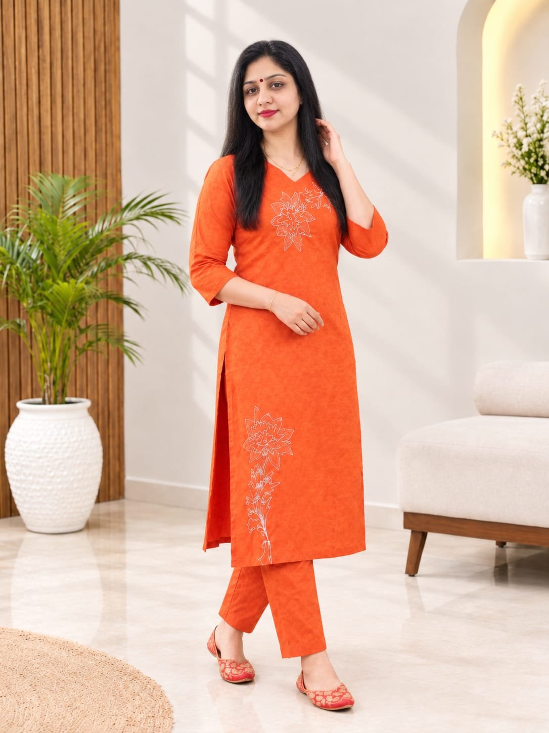Cotton Printed Kurti Set | Orange - Image 2
