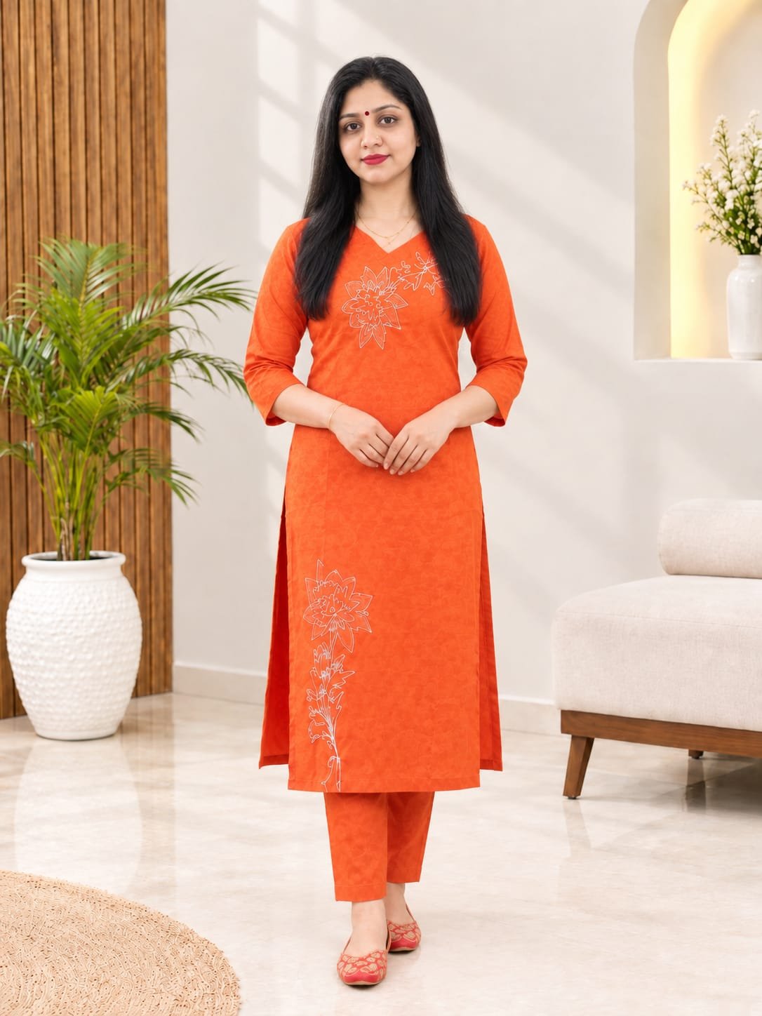 Cotton Printed Kurti Set | Orange