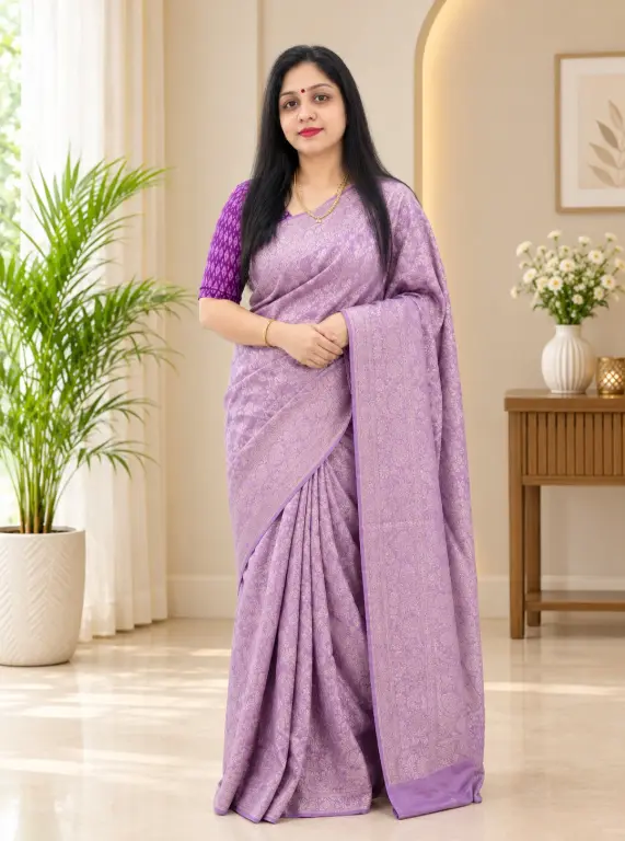 Tissue Silk Saree | Lavender Floral Pattern - Image 2