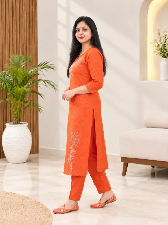 Cotton Printed Kurti Set | Orange - Image 4