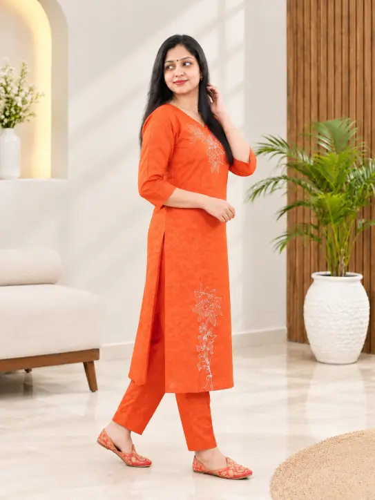 Cotton Printed Kurti Set | Orange - Image 3