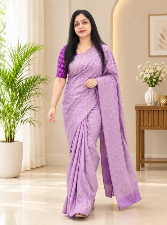 Tissue Silk Saree | Lavender Floral Pattern - Image 4