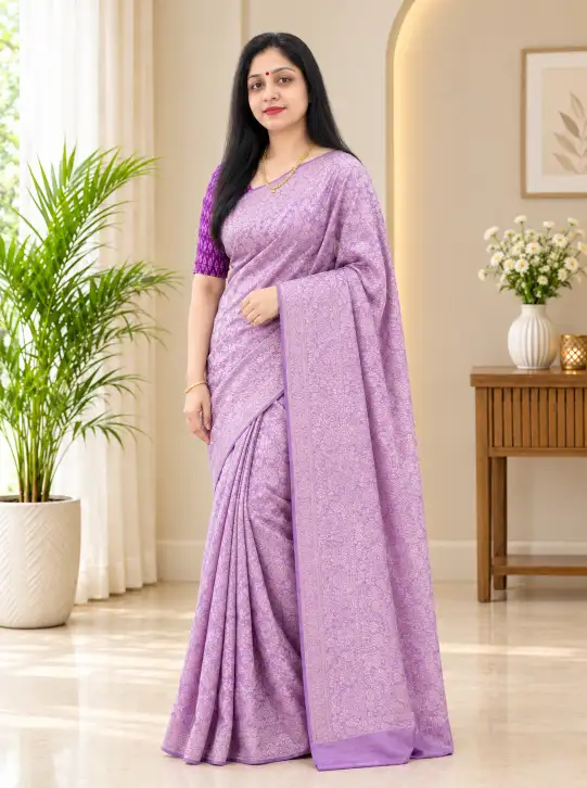 Tissue Silk Saree | Lavender Floral Pattern - Image 3